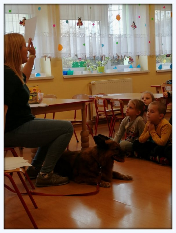 Przedszkolaki z grup starszych słuchają informacji dotyczących parwidłowej opieki nad zwierzętami