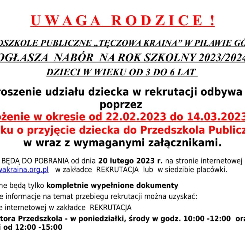 Ogłoszenie o rekrutacji do Przedszkola Publicznego "Tęczowa Kraina" w Piławie Górnej na rok szkolny 2023/2024